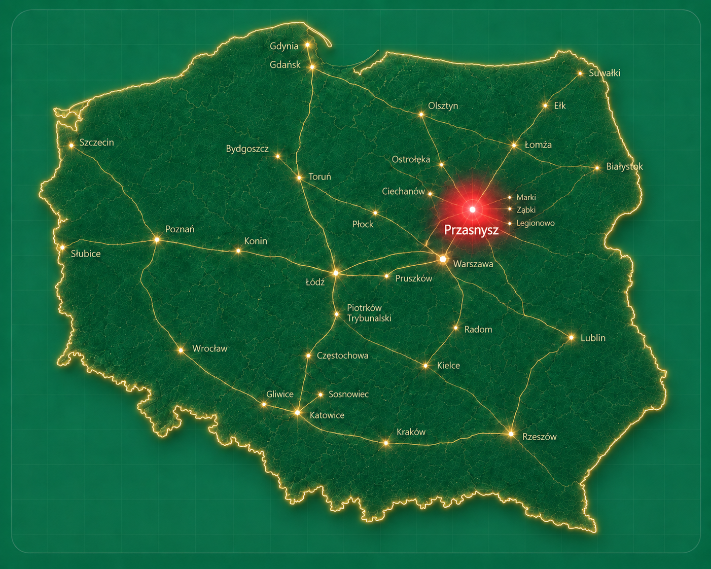 Mapa obszaru dojazdu mobilnego serwisu TIR w Polsce